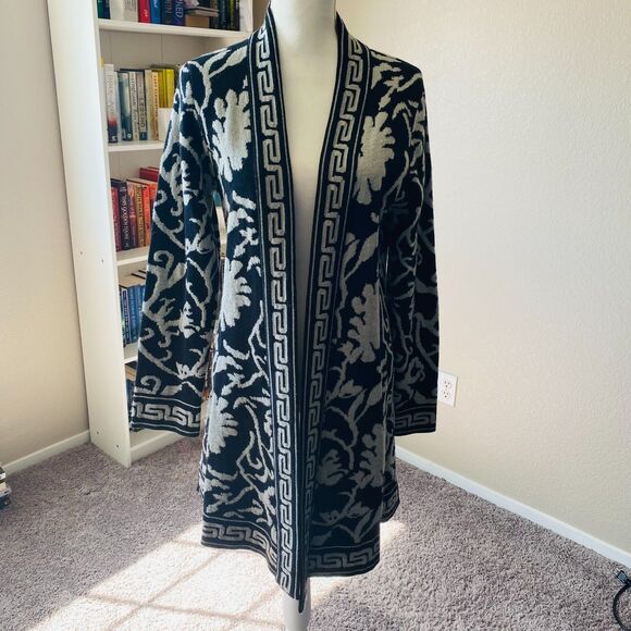 Soft Surroundings Sweaters - SOFT SURROUNDINGS Bistro Gray Black Floral Greek Key Open Front Cardigan Medium